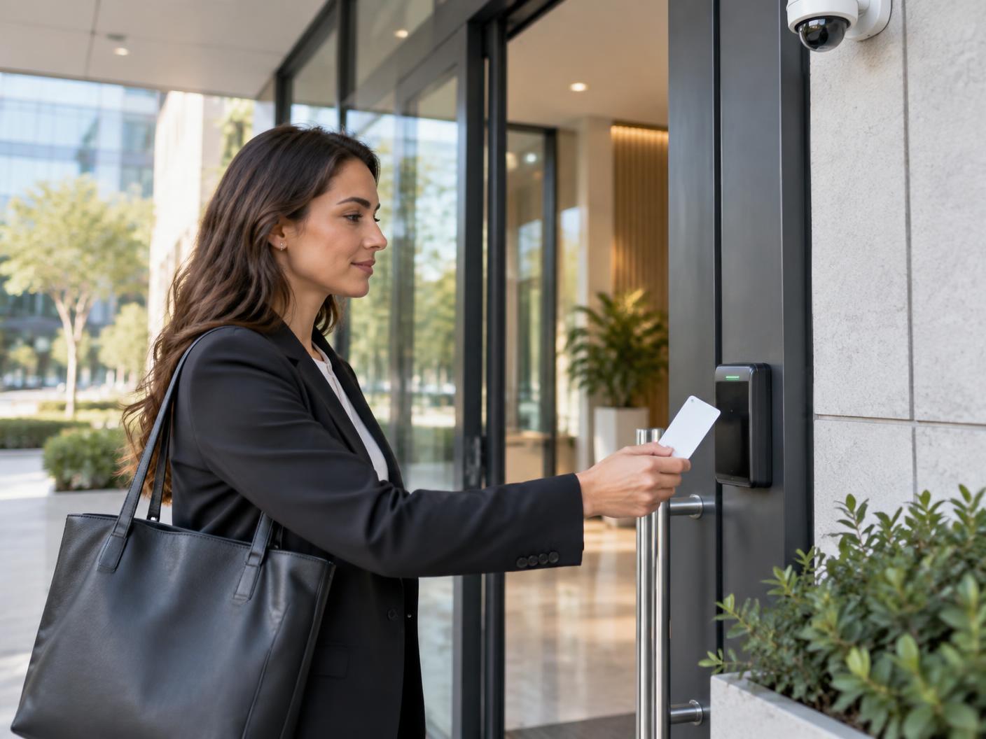 Illustrative professional using an access-control reader at a commercial entrance