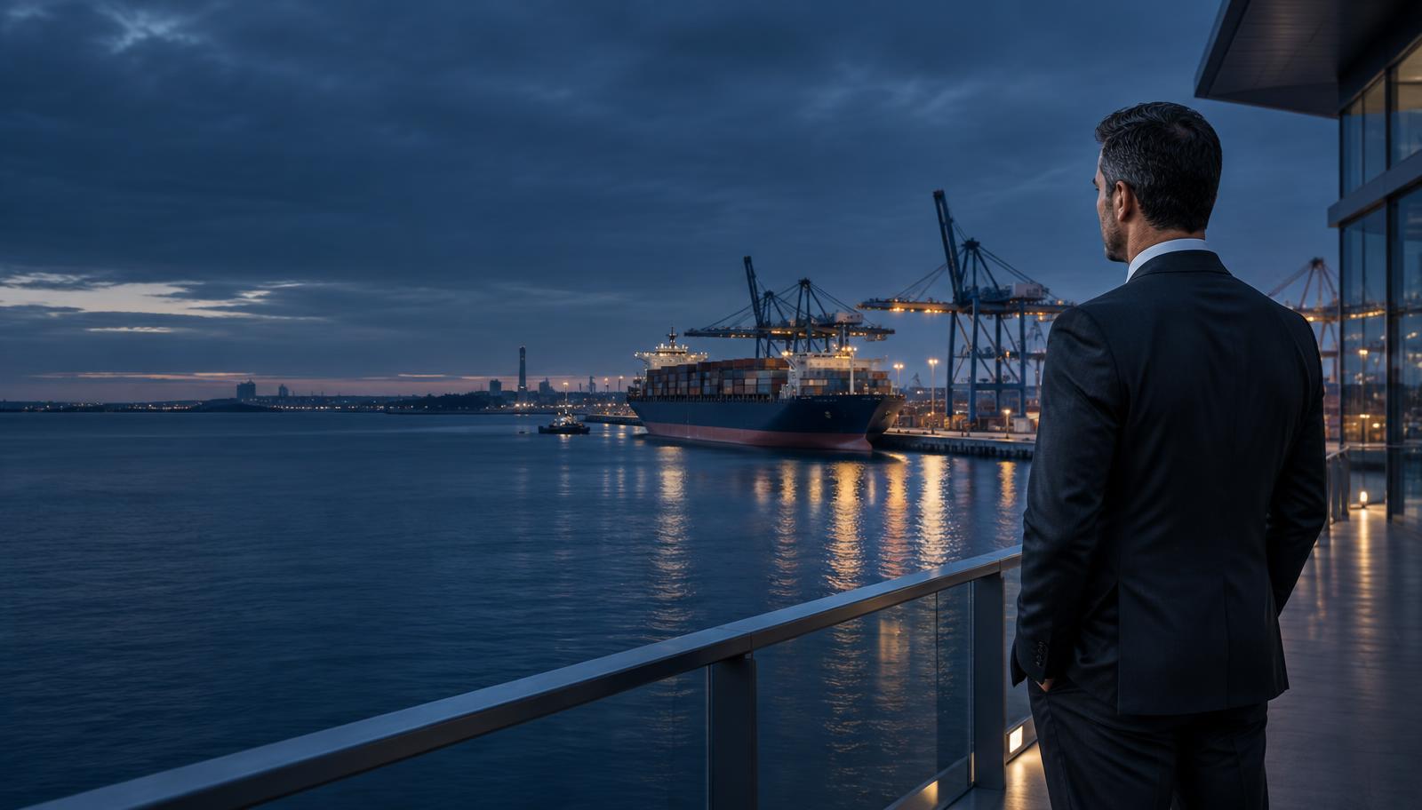 Security professional overlooking a commercial port and vessel